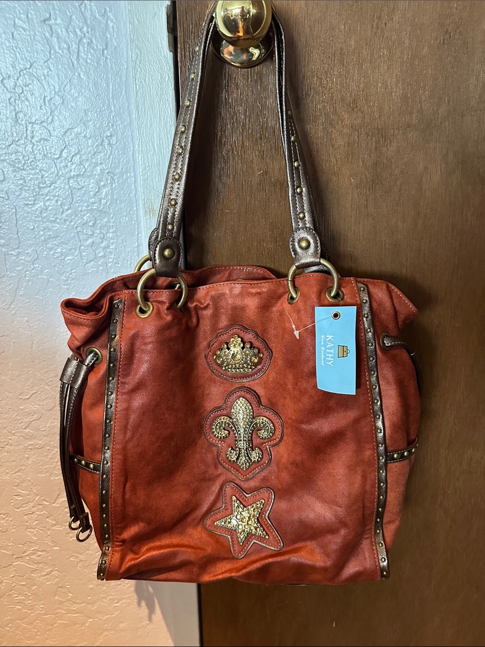 Kathy Van Zeeland Rust Red bEmbellished Shoulder Tote